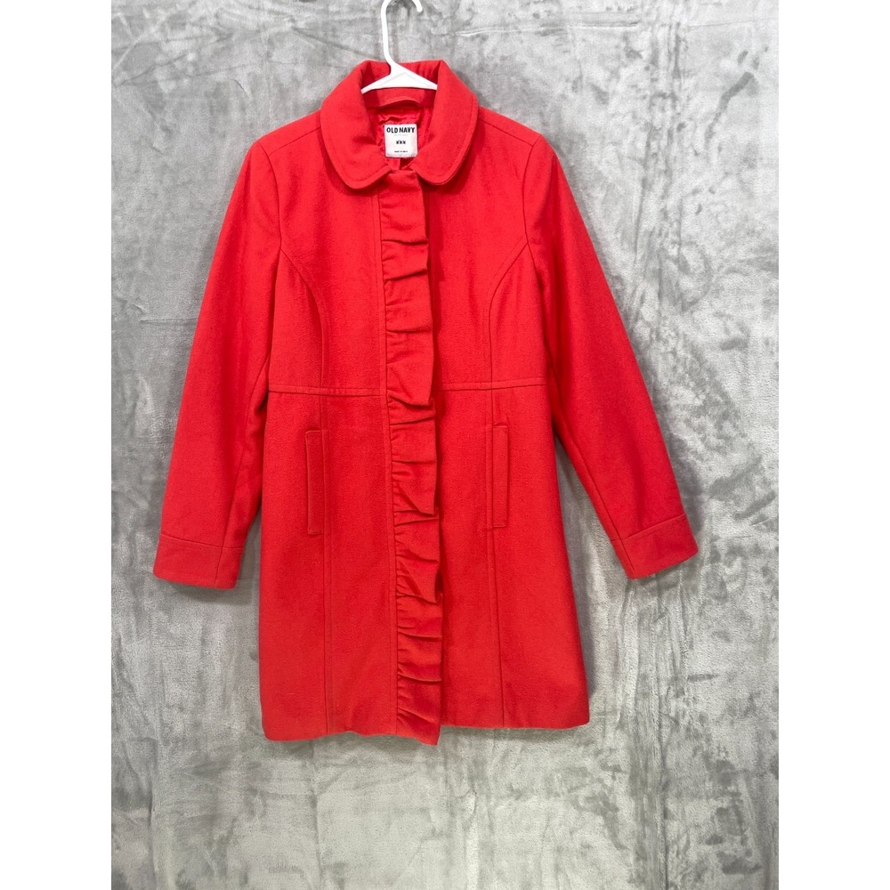 Old NavyCoat Women's Size M Wool Blend Ruffle Detail Red Orange Y2K